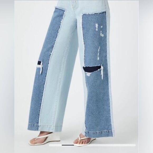 FOREVER 21 Premium Low Rise Wide Leg Distressed 100% Cotton Denim Jeans Sz 27 - Picture 2 of 10